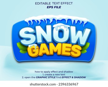 efecto de texto de juegos de nieve, fuente editable, tipografía, texto 3d para juegos. plantilla de vector