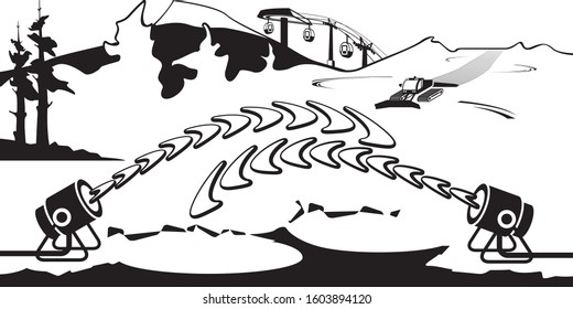 Snow generators working on ski slope – vector illustration