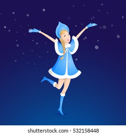Snow girl, the granddaughter of Russian folklore analogue of Santa - Grandfather the Frost, playing with snowflakes