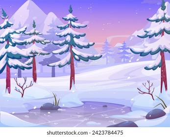 Snow glacier. Winter landscape. Wild nature. Ski travel. Pine trees. Frozen ice lake. Canada snowy panorama. Mountain summits. Sky lights. Rocky valley. Forest scenery. Vector cartoon illustration