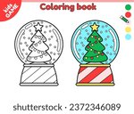 Snow glass ball with Christmas tree. Page of coloring book for kids with cartoon snow globe. Color outline picture. Activity for children. Vector black and white illustration of the holiday decoration
