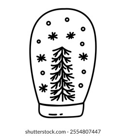 Snow glass ball with Christmas tree and snowing. Black and white vector isolated illustration hand drawn doodle. Festive winter season present card, New Year vibe. Icon clip art