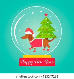 Snow glass ball with dachshund inside. Christmas greeting card \ background \ poster