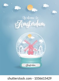 Snow globe with Amsterdam, The Netherlands symbol, windmill and buildings. Paper cut style vector illustration.