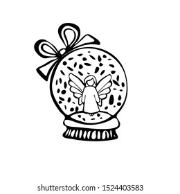 Snow globe with angel in doodle style. Vector line drawing. New year present