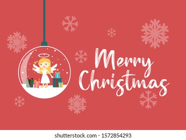 Snow globe with an angel, a lot of gift boxes inside, and Merry Christmas letters.