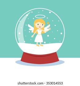 Snow globe with an angel inside, Christmas festival. Flat style cartoon.