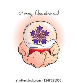 A snow globe in the arms with white mittens. A big gradient snowflake and snow inside the globe. Hand drawing vector illustration. Use for poster, banner, greeting card, flyer, web design etc.