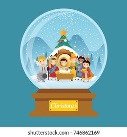 Snow globe background with christmas in Nativity scene with lovely sheep and shooting star