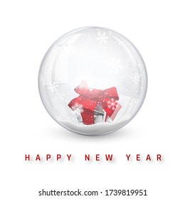 Snow globe ball with gift box. Realistic new year chrismas object with shadow. Vector illustration.