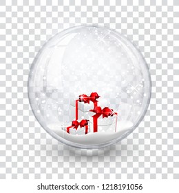 bola de globo de nieve con cajas de regalo objeto de Navidad realista de año nuevo aislado en fondo transparente con sombra, ilustración vectorial.
