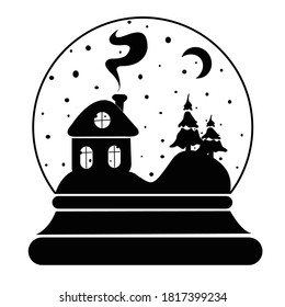 Emblema de invierno de bola de nieve. Plantilla simple de bola de globo de nieve con árbol de la casa y de la navidad aislado en fondo blanco para telas, papel, textiles, envoltura de regalo 