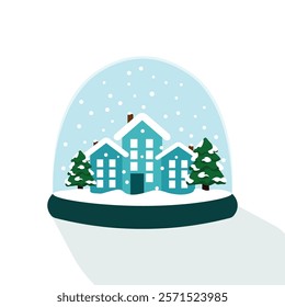 snow globe with blue house and snowy pine trees, snowfall, vector illustration