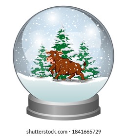 Snow globe with a bull in the forest. Vector illustration