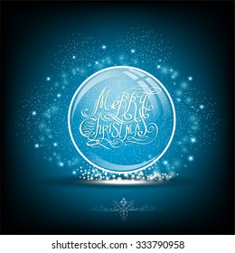 Snow globe with calligraphic merry christmas on blue background