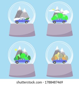 snow globe car set isolated vector illustration
Snowball toys Vehicle with trees, mountains. Winter, spring, summer, autumn landscape