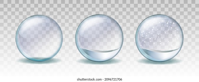 El globo de nieve o la bola navideña sobre fondo transparente. Bolas de nieve de vidrio vectorial con nieve blanca de navidad y copos de nieve cayendo. Plantilla de globo de nieve de Navidad mágica.