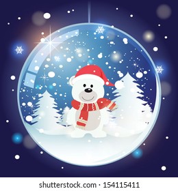 Snow globe with christmas bear. Christmas card. Vector illustration
