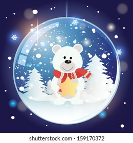 Snow globe with christmas bear. Christmas card. Vector illustration