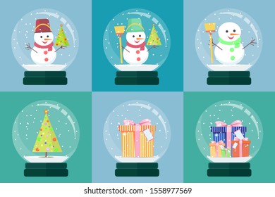 snow globe with christmas decoration inside. Stock flat vector illustration.