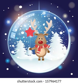 Snow globe with christmas deer. Christmas card. Vector illustration