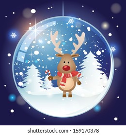 Snow globe with christmas deer. Christmas card. Vector illustration