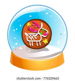 Snow globe with Christmas deer inside isolated on white background. Christmas magic ball. Snowglobe vector illustration. Winter in glass ball, crystal dome icon