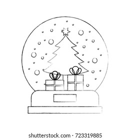 snow globe and christmas fir tree decorated with star balls and gifts box