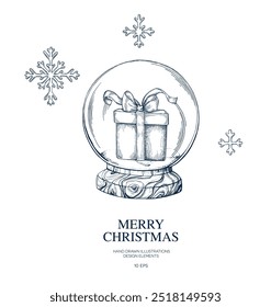 Globo de nieve, regalo de Navidad, diseño de la tarjeta del copo de nieve. Feliz Navidades feliz año nuevo dibujado a mano Ilustración vectorial aislada. Postal para cartel de vacaciones, fiesta, saludo, invitación. Estilo de grabado