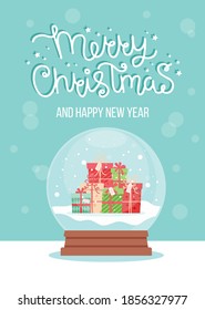 Snow globe with christmas gifts, vector illustration in flat style