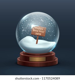 Snow Globe. Christmas Holiday Glass Snowglobe With Wooden Sign And Happy New Year Text. Isolated Vector Illustration. Snowglobe And Sphere Ball With Snowflake