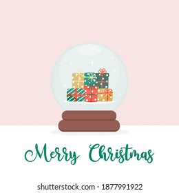 Snow Globe with Christmas Presents Inside Flat Vector Illustration. Merry Christmas Greeting Card.