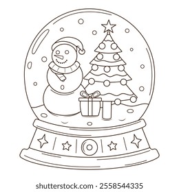 snow globe, Christmas themed outline coloring book illustration