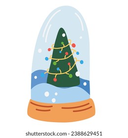 El globo de nieve con el árbol de Navidad adornado con guirnaldas. La Decoración. Ilustración vectorial de dibujo manual de año nuevo