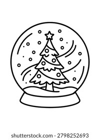 Snow Globe Christmas Tree Coloring Page – Printable Black and White Outline Educational Worksheet for Kids