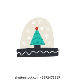Snow globe with Christmas tree and decorations in flat style. Hand drawn vector illustration.