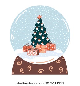 Schneeglobe mit Weihnachtsbaum und Geschenkbox. Vektorschneeball. Geeignet für gemütliche Winterzeit