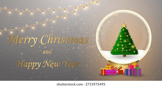 Schneekugel mit Weihnachtsbaum und Geschenkboxen. Neujahrsgirlande. Vektorgrafik.