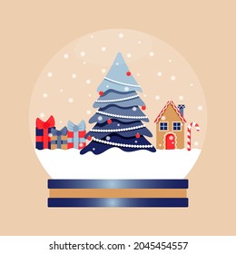 Snow globe with Christmas tree, ginger bread house, candy and presents. Glass snow ball, vector.