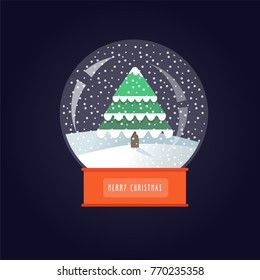 Snow globe with Christmas tree. Happy holidays greeting card. Vector illustration