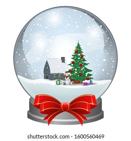 Snow globe with Christmas tree and house. Winter fairy tale. Vector illustration.