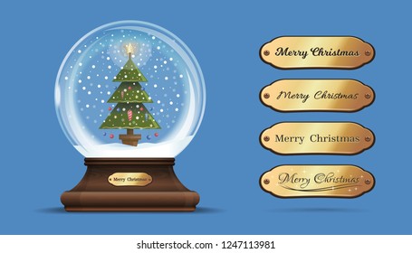 Snow globe with a a Christmas tree inside. Glass sphere on an elegant wooden stand with interchangeable gold sign with congratulatory inscription. Merry Christmas. Vector illustration