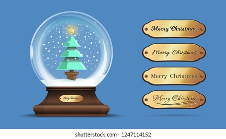 Snow globe with a a Christmas tree inside. Glass sphere on an elegant wooden stand with interchangeable gold sign with congratulatory inscription. Merry Christmas. Vector illustration
