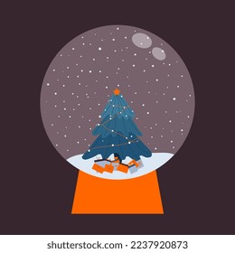 Globo de nieve con árbol de Navidad adentro y regalos, ilustración festiva, Año Nuevo, Navidad, regalos, estilo plano