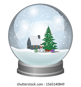 Snow globe with christmas tree, presents and snowman. Winter fairy tale. Vector illustration