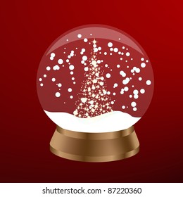 Snow globe with a christmas tree in red color. Vector illustration.