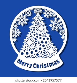 Snow globe with Christmas tree and snowflakes. Round holiday decoration on a stand with the text Merry Christmas. Template for plotter laser cutting of paper, fretwork, wood carving, metal engraving.