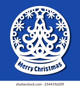 Snow globe with Christmas tree and snowflakes. Round holiday decoration on a stand with the text Merry Christmas. Template for plotter laser cutting of paper, fretwork, wood carving, metal engraving.