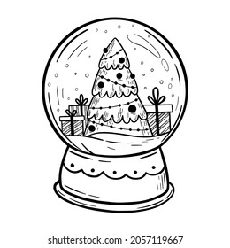 Snow globe with christmas tree. Christmas snowglobe. Merry Christmas and Happy New Year card. Hand-drawn illustration.