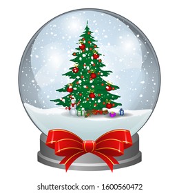 Snow globe with Christmas tree. Winter fairy tale. Vector illustration.